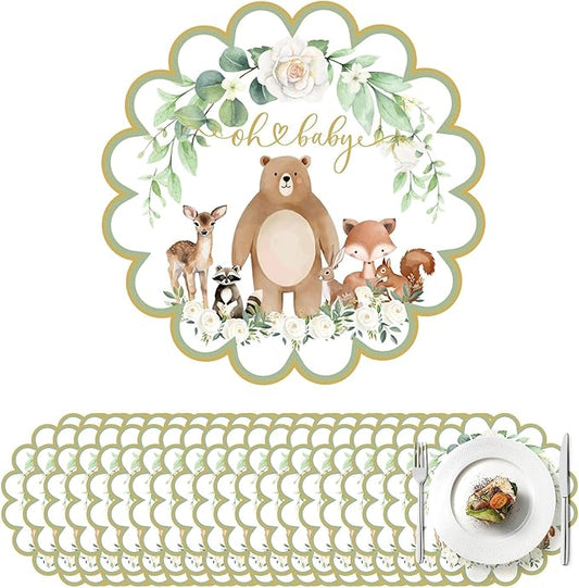 100 Pcs Woodland Baby Shower Decorations 13.5" Scalloped Woodland Animals Paper Placemats Disposable Jungle Animals Table Place Mats for Wild Animal Birthday Party Supplies