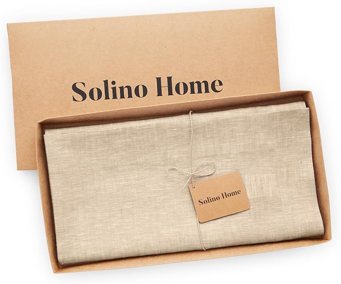 Solino Home Linen Cloth Tablecloth 52 x 52 Inch - 100% Pure Linen Champagne Beige Square Tablecloth - Athena, Machine Washable Table Throw for Fall, Autumn, Holiday