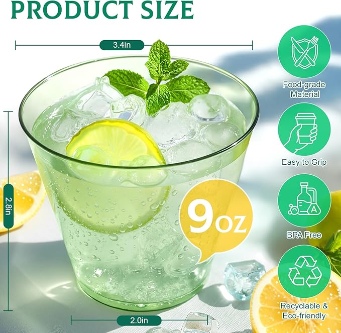 150 Pack Plastic Cups 9 oz Green Clear Plastic Cups for Cocktail Fancy Disposable Cup for Party Stemless Wine Glasses for Wedding Thanksgiving Christmas Party Graduation