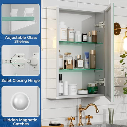 BROBIGBathroom Medicine Cabinet with Mirror, 24x32 Recessed or Wall Mirror Medicine Cabinet with Storage Adjustable Glass Shelves, Beveled Edge Mirrored Door with Aluminum Cabinet Hinges