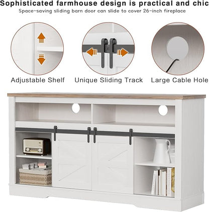 YESHOMY Fireplace TV Stand for Television up to 65+ Inch with Storage and Farmhouse Sliding Barn Doors, Entertainment Center with Cabinet and Shelves, Media Console for Living Room, White