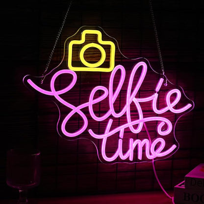 Selfie Time Neon Sign LED Yellow Camera Pink Neon Light For Wall Decor Dimmable USB Powered Light Up Sign for Photographic Studio Bedroom Photography Lover Room Party Gifts (16.7 * 12.8In)