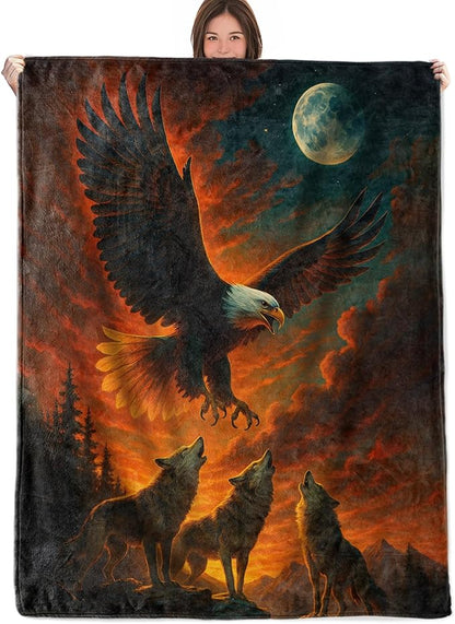 Wolf and Eagle Throw Blanket Gifts for Boys Girls Kids Adults, Bald Eagle Flannel Blankets for Travel Sofa Living Room Decor 60"X80"