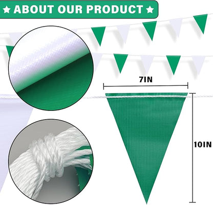 105ft Green and White Pennant Banner Flag, 7"x10" Fluorescent Safety Flagging Banner Warning Flag for Construction Site/Boundary Barrier Signs, Perimeter Marking Flags on String, 45 Flags