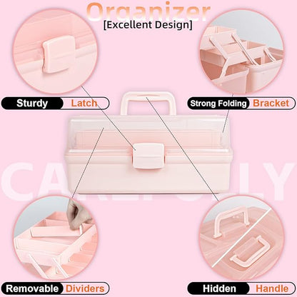 12.5in 3-Layer Multipurpose Craft Organizers and Storage with Adjustable Dividers, Portable Tackle Box, Folding Art & Craft Case for Medicine, Tool, Sewing Organizer (Pink)