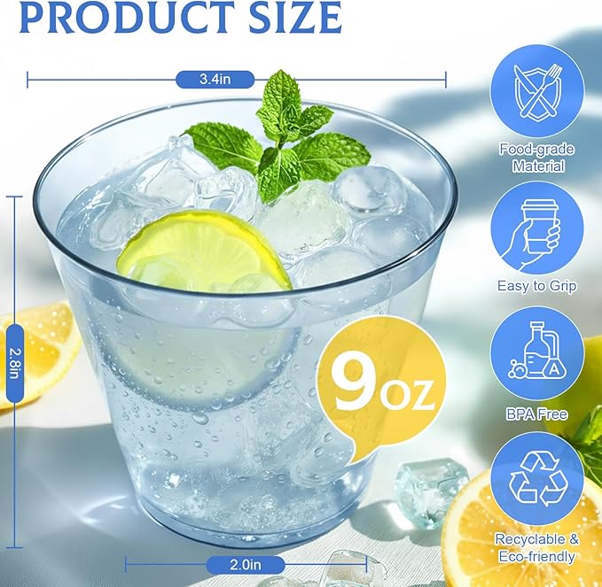150 Pack Plastic Cups 9 oz Blue Clear Plastic Cups for Cocktail Fancy Disposable Cup for Party Stemless Wine Glasses for Wedding Thanksgiving Christmas Party Graduation