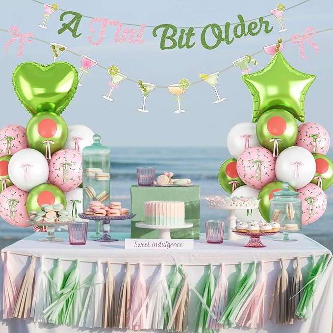 A Tini Bit Older Birthday Decorations Glitter Pink Green Balloon Set Star Heart Foil Balloons Martini Glasses Bunting Banner Garland Cocktail Night Party Bar for Girls Women Bachelorette Bridal Shower