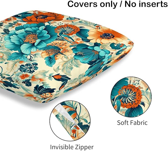 Floral Throw Pillow Covers 18x18 Set of 2, Flower Pillowcase for Couch, Sofa, Living and Bed Room, Vintage Home Decoration with Zipper Closure