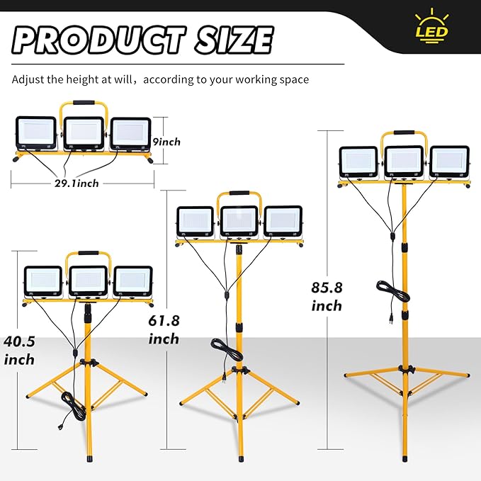 86In 22500 Lumen Work Lights with Stand, 3 Adjustable Head LED Light, 38.2''- 75.2'' & Foldable Tripod Waterproof Lamp Individual Switch 7500 Kelvin Color Temperature