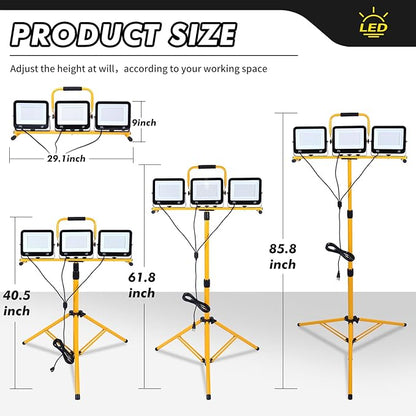 86In 22500 Lumen Work Lights with Stand, 3 Adjustable Head LED Light, 38.2''- 75.2'' & Foldable Tripod Waterproof Lamp Individual Switch 7500 Kelvin Color Temperature