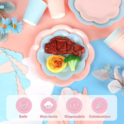 192 Psc Baby Gender Reveal Plates And Napkins Set Party Supplies - For 24 Guests Paper Plates And Napkins Knives Spoons Forks Cups - For Baby Shower Gender Reveal Party