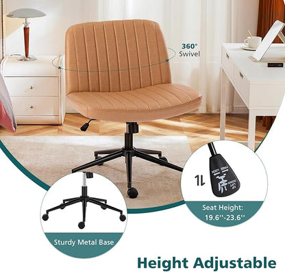 OLIXIS Criss Cross Chair with Wheels Wide Cross Legged Office Desk Vanity Chair Comfy Fabric Armless Adjustable Swivel for Home Computer Task PU Brown