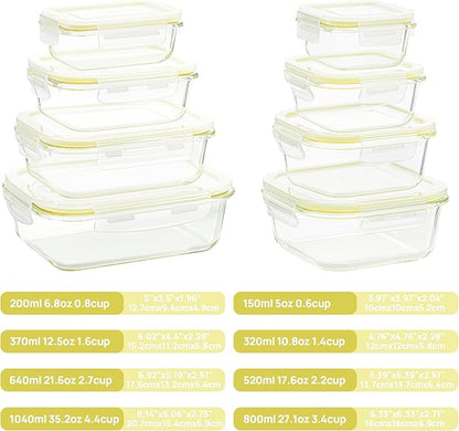 Vtopmart 8 Pack Glass Food Storage Containers with Airtight Lids, Glass Meal Prep Containers, Lunch Office Meal for Microwave, Oven, Freezer and Dishwasher, BPA Free
