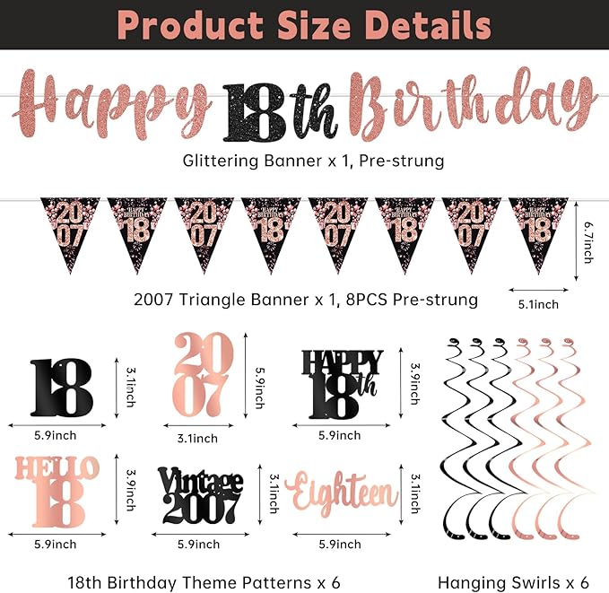 18th Birthday Decorations for Girls, Black Rose Gold Happy 18th Birthday Banner Hanging Swirls Vintage 2007 Birthday Decorations Kit Hello 18 Party Supplies