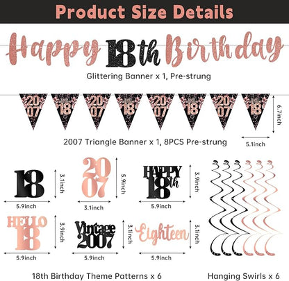 18th Birthday Decorations for Girls, Black Rose Gold Happy 18th Birthday Banner Hanging Swirls Vintage 2007 Birthday Decorations Kit Hello 18 Party Supplies