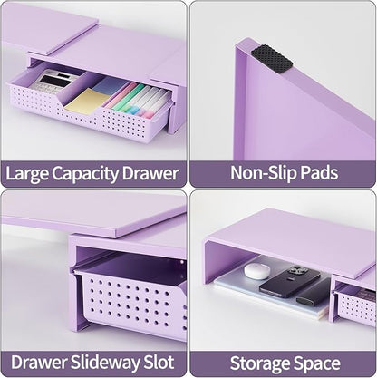 Dual Monitor Stand Riser with Drawer, Desk Organizer and Accessories, Metal Laptop Stand for Desk, Workspace Desktop Stand for Computer, Laptop, TV and More (Purple)