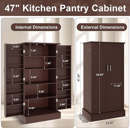 47” Pantry Cabinet, Kitchen Pantry Storage Cabinet with Doors & Adjustable Shelves, Brown Freestanding Buffet Cupboards Sideboard for Living Room and Dinning Room, Sturdy and Durable