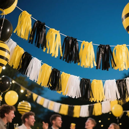 We Moment Black Yellow and White Tissue Paper Tassels Party Tassel Garland Banner for Party Decorations, DIY Kits,15PCS