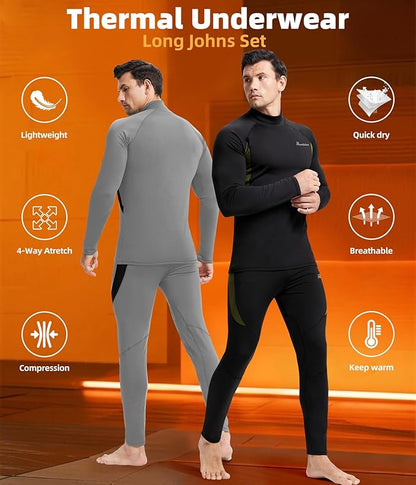 romision 2 Pack Thermal Underwear for Men Long Johns Fleece Lined Hunting Gear Bottom Top Set Base Layer Cold Weather XS-4XL