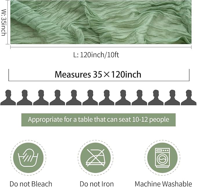 10 Pack Sage Green Cheesecloth Table Runner 35x120 Inch, Boho 10FT Cheese Cloth Sheer Gauze Table Runner for Baby Shower Birthday Party Wedding Christmas Table Decorations