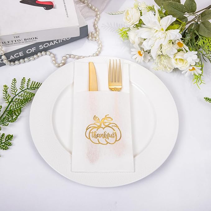 100PCS Thanksgiving Napkins Disposable - White and Gold Paper Napkins with Built-in Flatware Pocket Prefolded Cloth Like - Heavy-duty Linen-Feel Dinner Napkins for Thanksgiving & Dinner