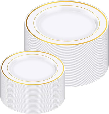 Zcaukya 100PCS Gold Plastic Plates, Disposable Plastic Dishes with Gold Rim in Bulk, 50 Pcs Each 10.25 Inch and 7.5 Inch for Dinner, Birthday and Wedding