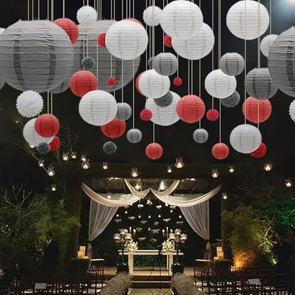 KAXIXI Hanging Party Decorations Set, 15pcs Red Gray White Paper Flowers Pom Poms Balls and Paper Lanterns for Wedding Birthday Bridal Baby Shower Graduation