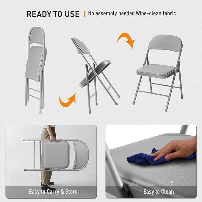 SEALAMB 6 Pack Grey Folding Chairs with Padded Seats & Cushion, Durable Metal Foldable Chairs for Wedding Party, Commercial Chairs for Office School Church Events, 330lb Capacity (Grey-PU, 6 Pack)