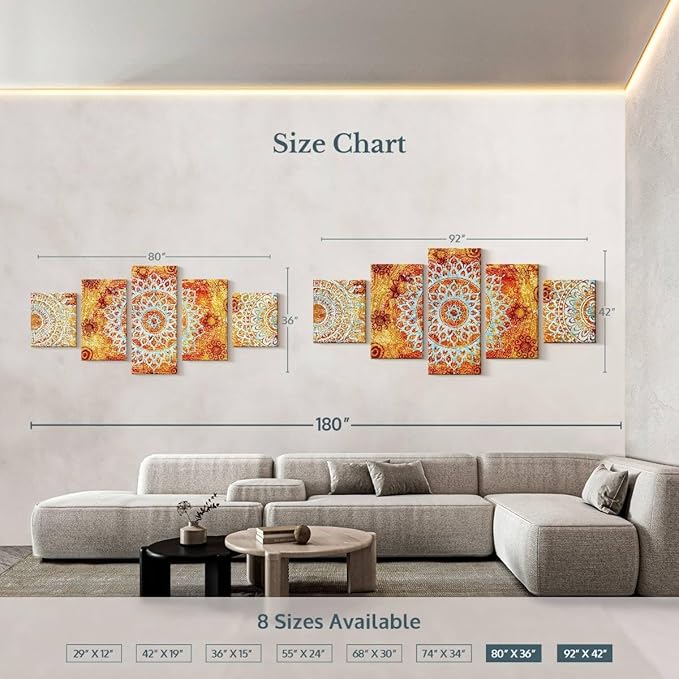 ElephantStock - Sun Like Mandala Symbols Wall Art - Horizontal Multi Panel Canvas - 5 Piece Living Room Wall Decor - Digital Art Elements Multi Piece Wall Art - Orange And Blue Decor - 80" x 36"