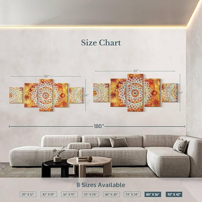 ElephantStock - Sun Like Mandala Symbols Wall Art - Horizontal Multi Panel Canvas - 5 Piece Living Room Wall Decor - Digital Art Elements Multi Piece Wall Art - Orange And Blue Decor - 80" x 36"