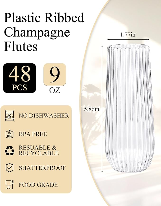 Ciaell 48PCS Plastic Ribbed Champagne Flutes - 9oz Clear Plastic Champagne Glasses - BPA-Free Disposable Shatterproof Toasting Glasses for Weddings, Party, Catering & New Year