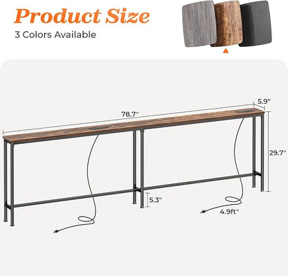 SUPERJARE 79 Inch Sofa Table with 2 Power Outlets and USB-C Ports, 5.9 Inch Narrow Console Table with Storage, Long Entryway Hallway Couch Table Behind Sofa, Small Spaces, Living Room, Rustic Brown