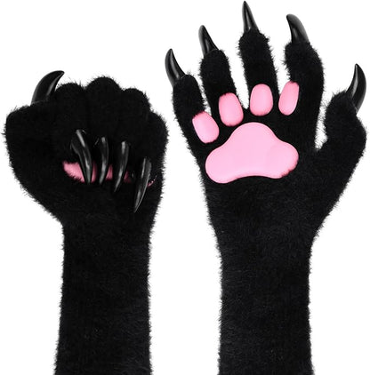 Faux fur wolf paw gloves with non-slip cat pad three-piece set, suitable for cosplay, Christmas, and Halloween party costumes