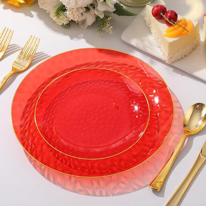 150 Pcs Red Plastic Plates - Fancy Plastic Dinnerware Set for 25 Guests - 50 Red Disposable Plates, 75 Gold Silverware, 25 Napkins for Party Birthday Christmas