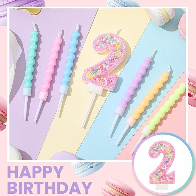 MTLEE Birthday Candle Macaron Glitter 3D Number Candle with 12 Pcs Rainbow Spiral Candles in Holders for Girl Boy Cake Topper Wedding Anniversary Pastel Sweet Theme Party Decoration(Pink,Number 2)
