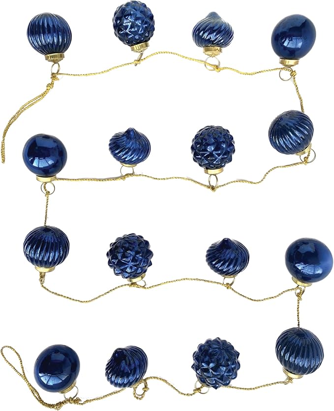 Creative Co-Op Embossed Mercury Glass Ornament Garland with Gold Cord, Dark Blue