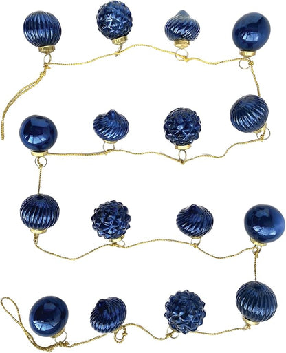 Creative Co-Op Embossed Mercury Glass Ornament Garland with Gold Cord, Dark Blue