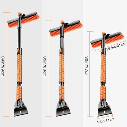 Extendable Snow Brush and Ice Scraper for Car, 30"-35"-39" Adjustable Long Handle & 4.3" Ice Chipper, 360° Pivoting Brush Head & Comfortable Antiskid Grip