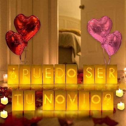 PUEDO SER TU NOVIO? Lighted Letters Sign 17pcs Luminary Paper Bags 2200pcs Red Pink Artificial Rose Petals 48pcs Flameless LED Candle Tealight 15pcs Heart Balloons Romantic Night Valentine's Day
