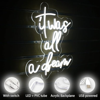 Lucunstar It Was All A Dream Neon Sign White Neon Sign For Room LED signs For Wall Decor LED Light Up Bedroom Club Office Hotel Pub Cafe Dream Neon Lights Wedding Birthday Party Room Decor