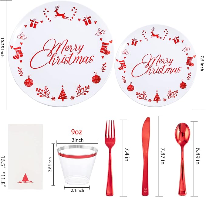 Liacere 175PCS Red and White Disposable Christmas Plastic Plates - Include 25 Dessert Plate, 25 Dinner Plates, 25 Knives, 25 Spoons, 25 Forks, 25 Cups, 25 Napkins for Christmas Party