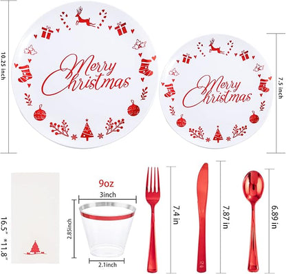 Liacere 175PCS Red and White Disposable Christmas Plastic Plates - Include 25 Dessert Plate, 25 Dinner Plates, 25 Knives, 25 Spoons, 25 Forks, 25 Cups, 25 Napkins for Christmas Party