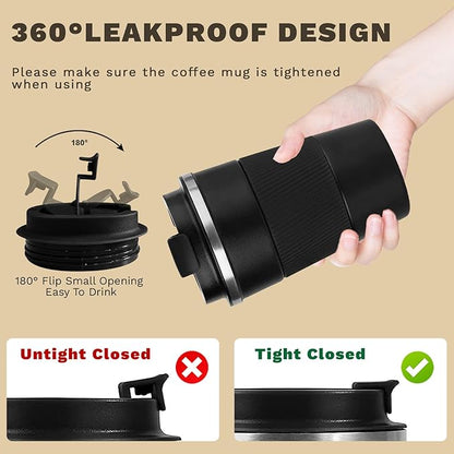 Vacuum-Insulated Stainless Steel Travel Coffee Mug, Leak-Proof Reusable Coffee Cup with Lid - Keep Hot & Cold Drinks for Hours, Durable Insulated Tumbler for Men & Women(3rd-Black, 17OZ)