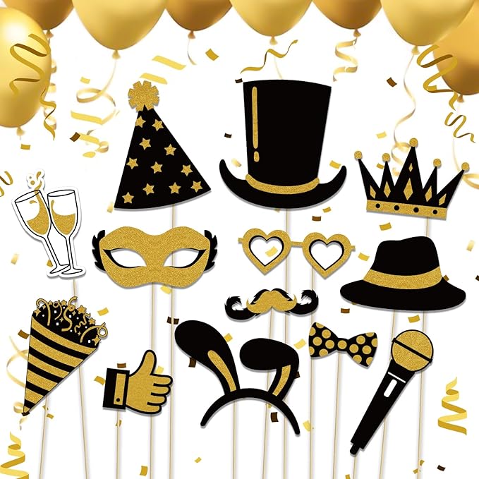 Photo Booth Props, Kaluofan 25PCS Black and Gold Party Decorations, Funny Photo Party Props Accessories for Adults and Kids, Photo Booth Props for Wedding Birthday Christmas New Year‘s Eve