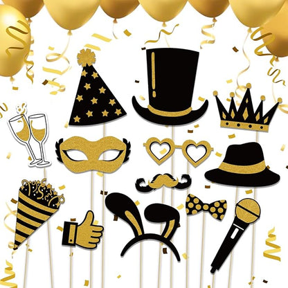 Photo Booth Props, Kaluofan 25PCS Black and Gold Party Decorations, Funny Photo Party Props Accessories for Adults and Kids, Photo Booth Props for Wedding Birthday Christmas New Year‘s Eve