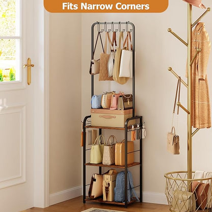 Floor-Standing Purse Organizer for Closet with 5 Hangers & 6 Side Hooks, Tall Purse Rack Stand for Purse Storage, High-Capacity Handbag Organizer, Multi-Purpose Purse Storage Organizer for Small Place