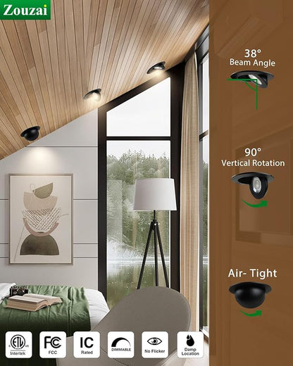 zouzai Classic 4 inch 5CCT Gimbal LED Recessed Light, 360°+90° Adjustable Directional Retrofit Eyeball Can Light with J-Box, Dimmable 2700K/3000K/3500K/4000K/5000K, ETL Certified (Black,6 Pack)