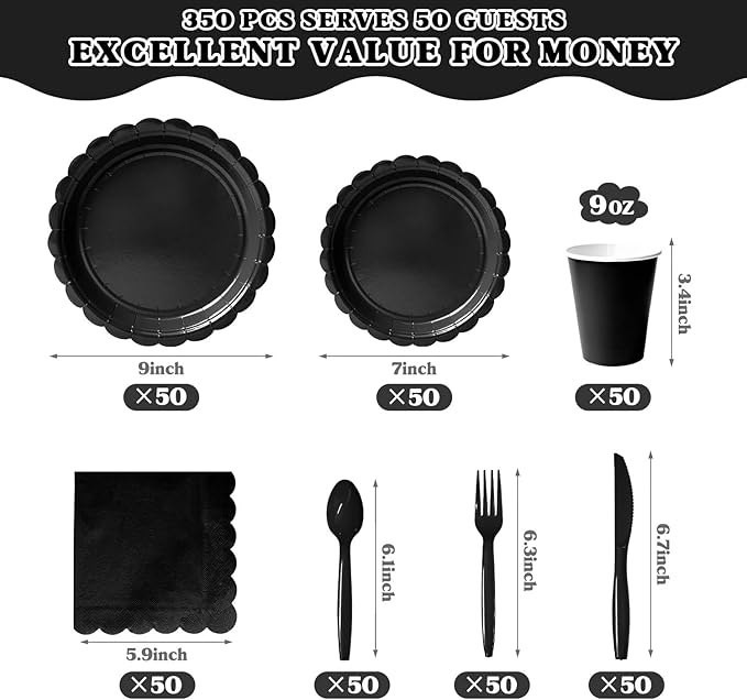 Vyntra 350 PCS Disposable Plates for Party, Paper Plates & Napkins Set with Cups, Knives, Forks, Spoons, 7'' Dessert and 9'' Dinner Plates for Birthday, New Year’s Eve, Graduation - Black