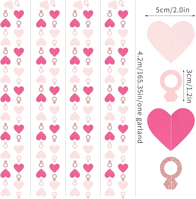 Hot-Pink Rose Gold Heart-Ring Garland - 52Ft Engagement Bachelorette Party Decorations Wedding Paper Streamers Banner, Galentines Proposal Decor Lasting Surprise