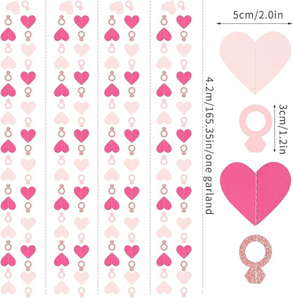 Hot-Pink Rose Gold Heart-Ring Garland - 52Ft Engagement Bachelorette Party Decorations Wedding Paper Streamers Banner, Galentines Proposal Decor Lasting Surprise